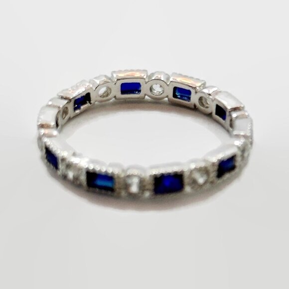 Sapphire Ring, Stacking, Band, Sterling Silver, Ring Guard, Art Deco Style,Blue - Picture 4 of 8